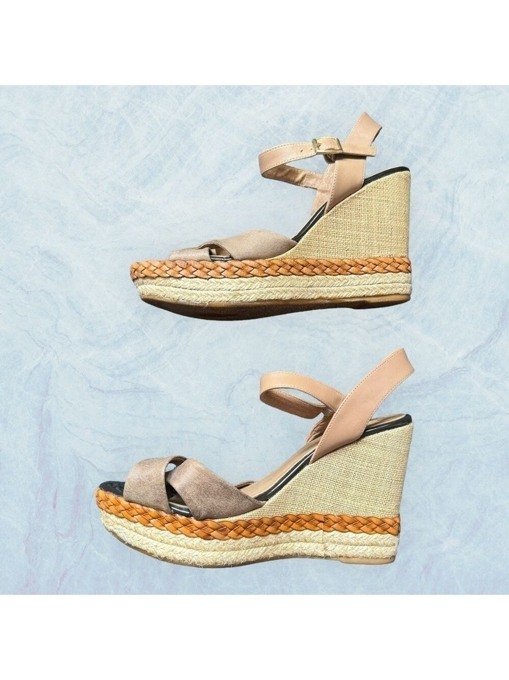 Kanna mixed leather straw wedge espadrilles sandals tan size 6.5 trendy comfy